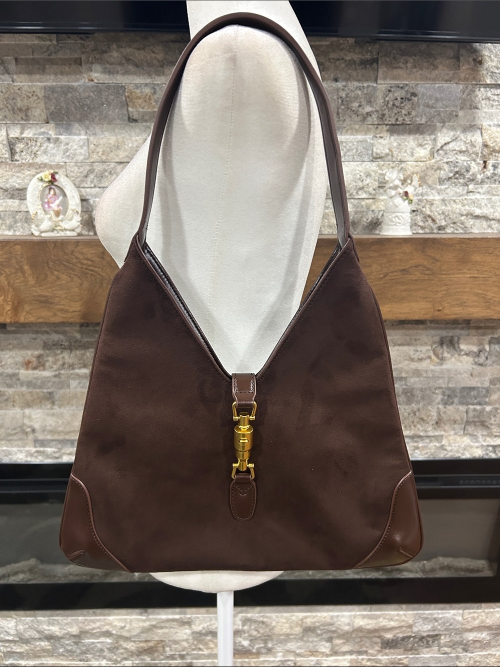 Classic Brown faux suede Shoulder Bag with Gold Hardware NEW